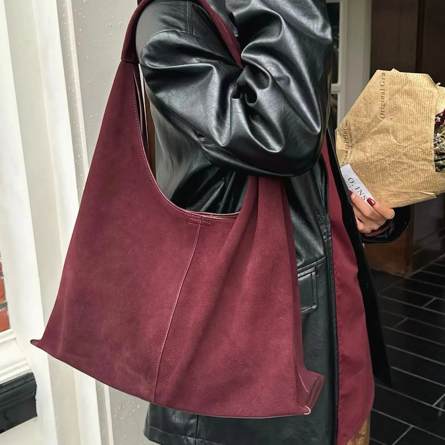 Frosted Cowhide Large Tote Underarm High Capacity Casual Crossbody Bag for Women