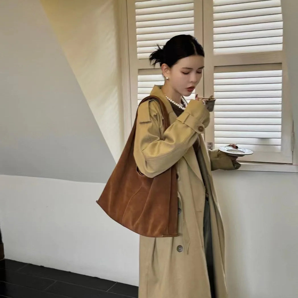 Frosted Cowhide Large Tote Underarm High Capacity Casual Crossbody Bag for Women