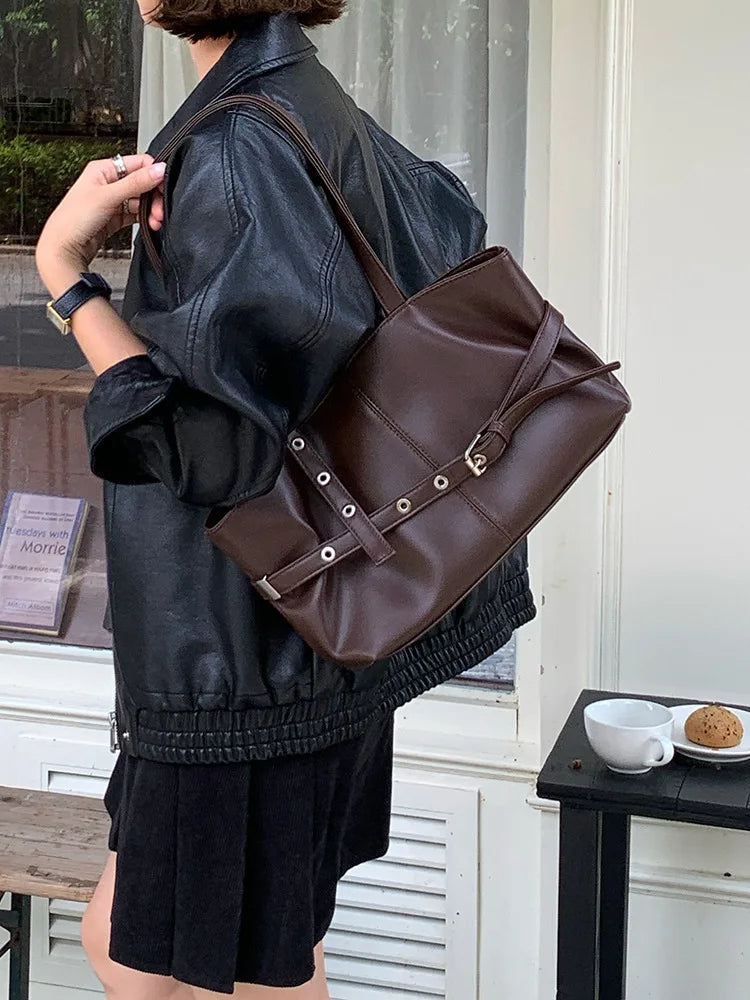 New PU Leather Vintage Large Capacity Tote Shoulder Bag for Women