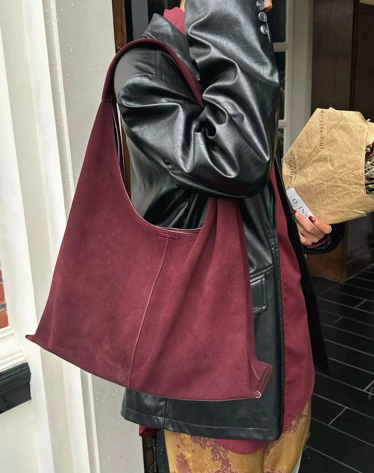 Frosted Cowhide Large Tote Underarm High Capacity Casual Crossbody Bag for Women